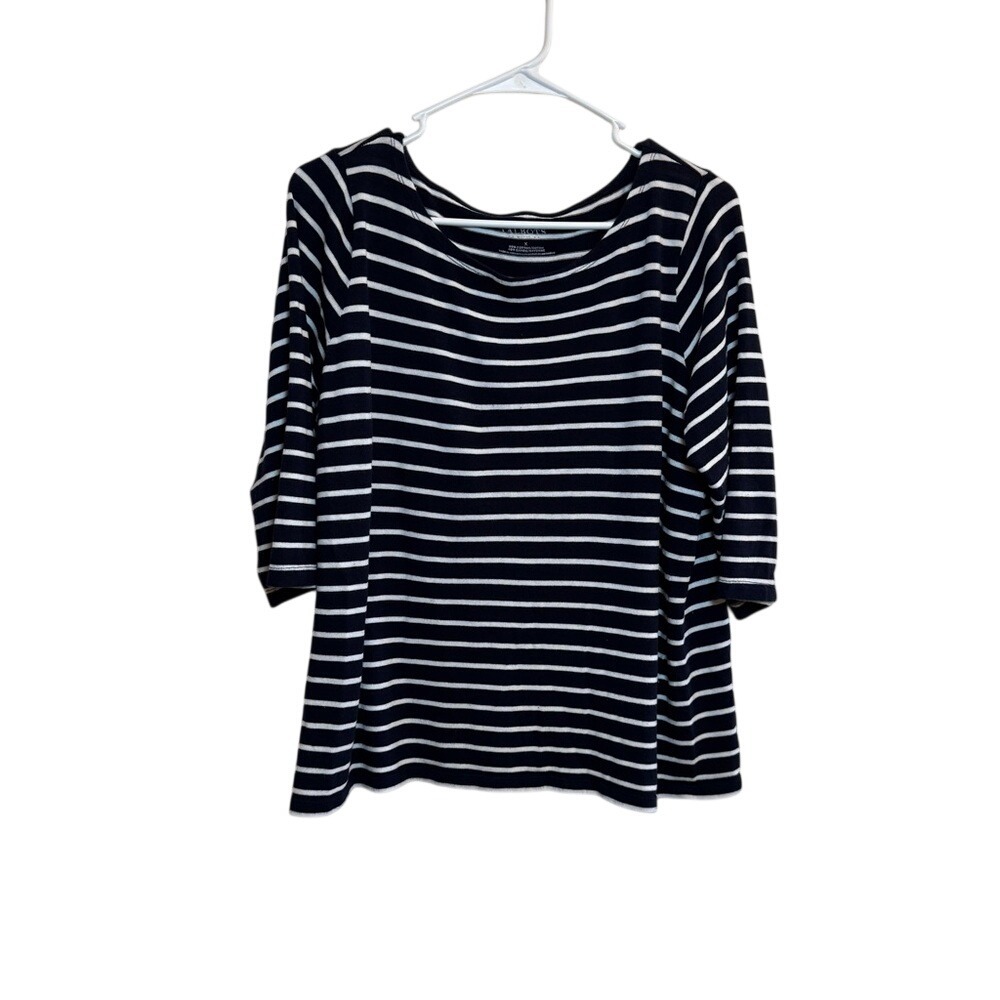 Talbots Woman Plus Size X Navy Blue White Striped Boat‎ Neck 3/4 Sleeve Knit Top